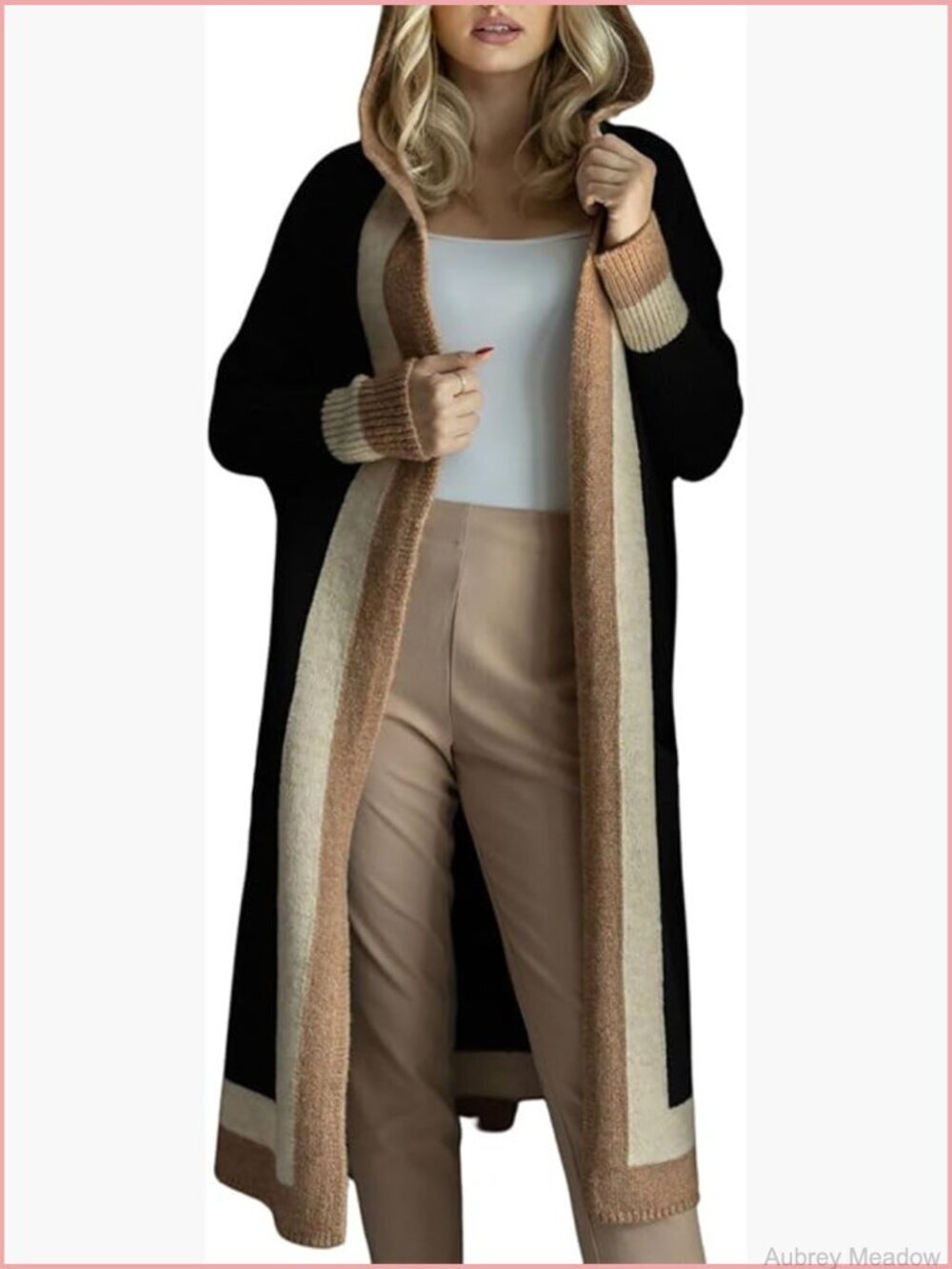 Oversized Hooded Cardigan Sweater Color Block Long Open Front Coat with Pockets